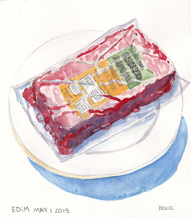 EDiM 1: Food Food: Defrosting Burger, graphite and watercolor, 8x7.25 in