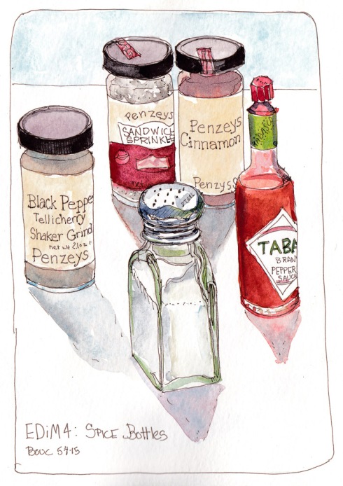 Every Day in May 4: Spice Bottles, ink and watercolor, 8x5 in