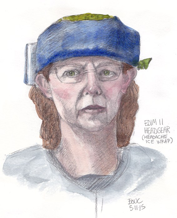 EDIM 11 Headgear (Migraine Ice Pack Wrap) graphite and watercolor, 10x7 in