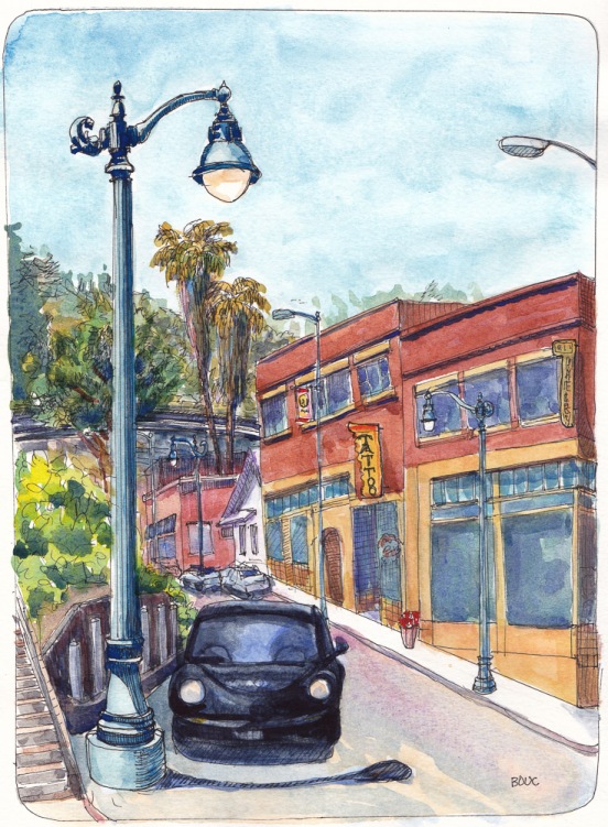 Crockett Main Street, ink and watercolor, 10x8 in