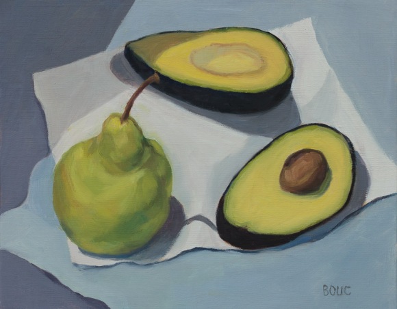 Avocado and Pear, oil on panel, 10x8"