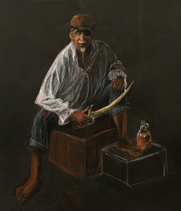 Pirate, Cutlass and Whiskey, Conte pencil on black paper