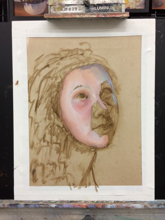 B = Big blunder not noticing how much darker the right side of her face was in the photo and painting it way too light.