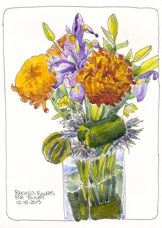 Bouquet for Busby, ink and watercolor, 11x8.5 inches