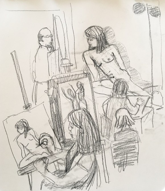 Sketching people drawing the model during a "boring" pose