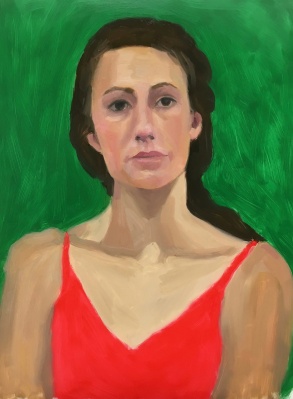 Red Green Complementary Color Portrait #1. Oil on Mylar, 14X11 inches