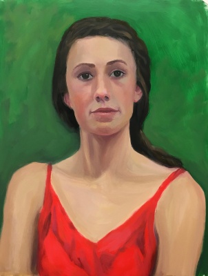 Red Green Complementary Color Portrait #2. Oil on Mylar, 14X11 inches