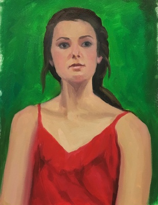 Red Green Complementary Color Portrait #4, Oil on Mylar, 14X11 inches