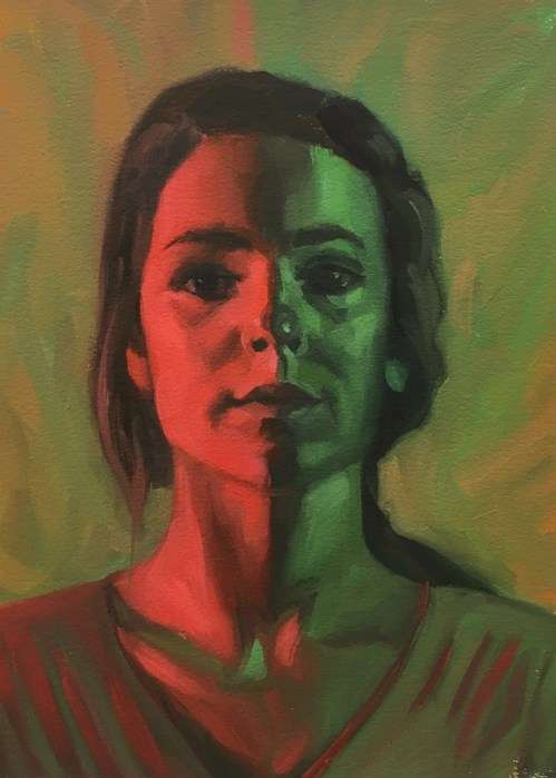 Red Green Complementary Color Portrait #6, Oil on Mylar, 14X11 inches
