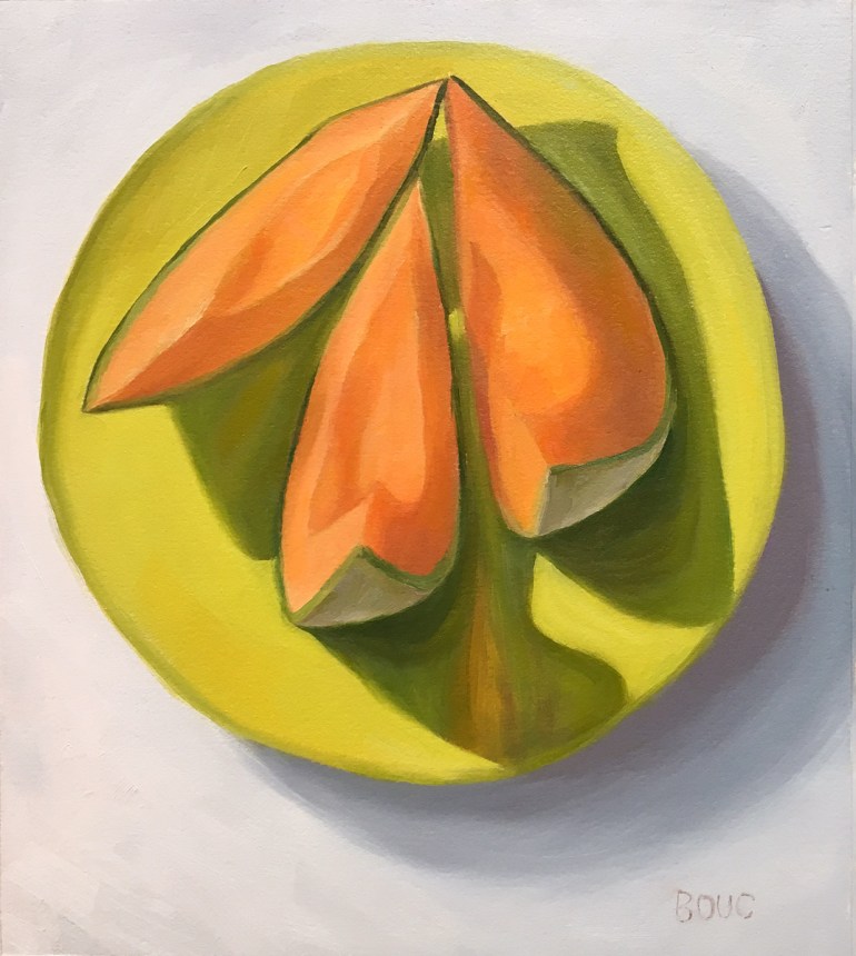Kissing Cantaloupe, still life oil painting on Arches Oil Paper, 10.5 x 9 inches