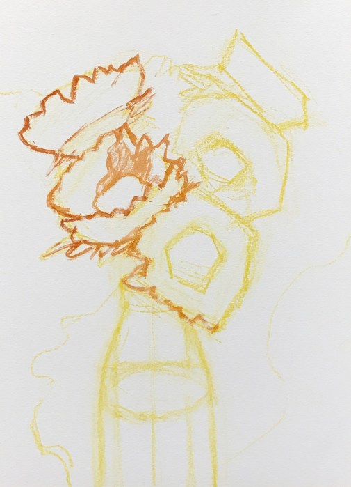 Sketched in yellow pastel pencil and start of burnt umber block in