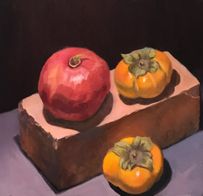 Pomegranate, Persimmons, Brick, Oil on Arches Oil Paper, 10x10"
