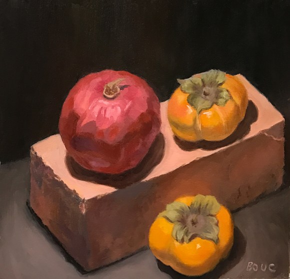 First layer of dark paint on background and foreground, adjustments to fruit