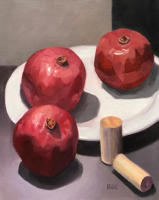 Pomegranates and Corks, oil still life on panel, 10x8"
