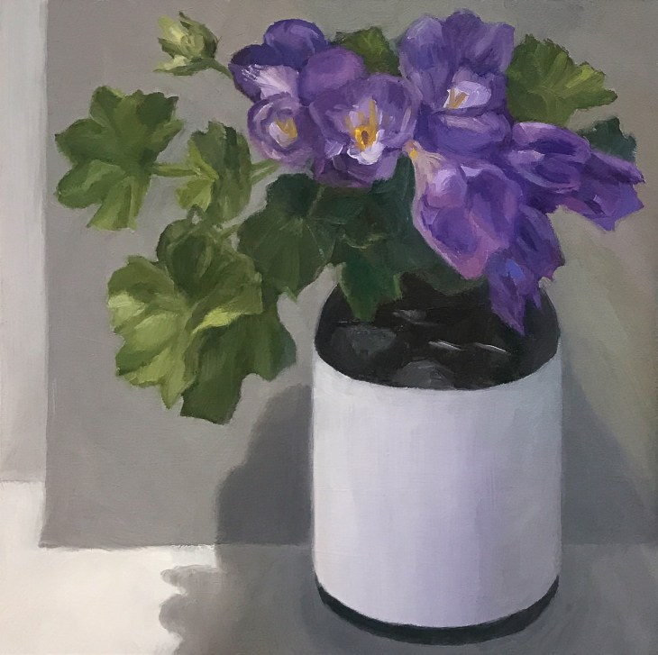 Freesias from Brigitte, oil on panel, 8x8"