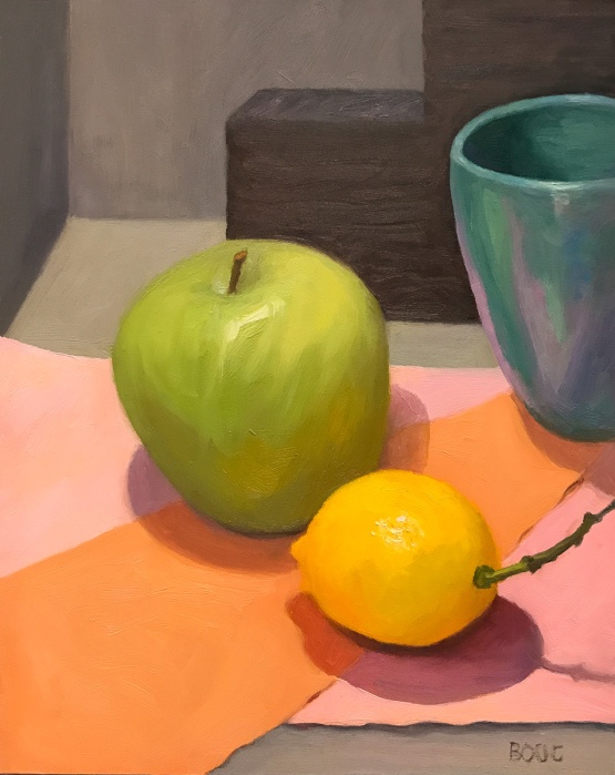 Apple, Lemon and Turquoise Cup, oil on panel, 10x8"