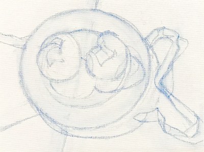 Plums sketched on canvas with blue pastel pencil