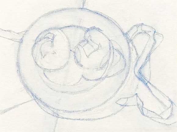 Plums sketched on canvas with blue pastel pencil