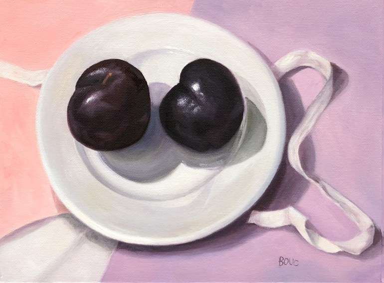 Plums on a White Plate, oil on canvas, 9x12"