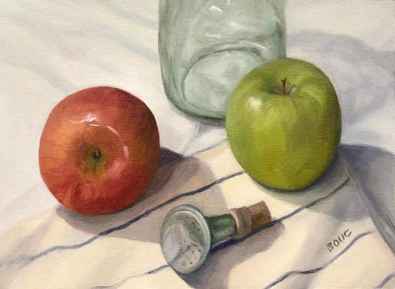 Grandma’s Laundry Sprinkler and Apples, oil on canvas, 9x12 inches