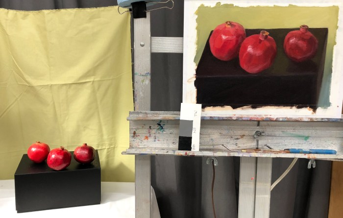 3 Poms on a Box painting on easel and still life set up