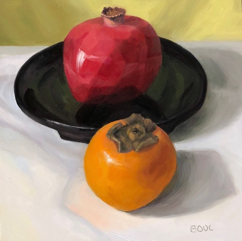 Queen Pom and Princess Persimmon, oil on panel, 8x8"