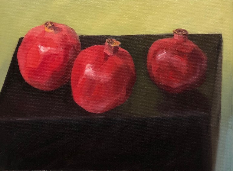 3 Poms on a Black Box, oil on panel, 8x10"