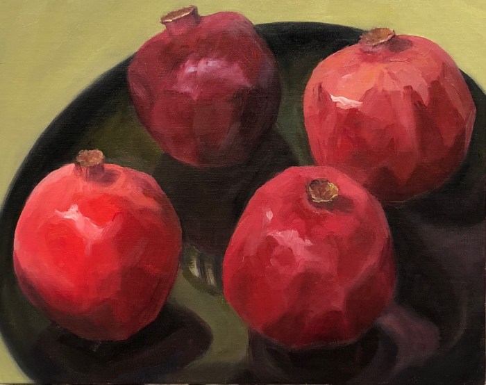 4 Poms on a Black Plate, oil on panel, 8x10"