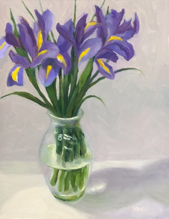 Irises on a White Cloth, oil on panel, 14x11" Available here. 