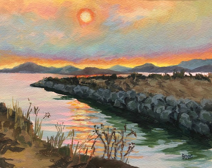 Point Isabel at Sunset, Gouache on Arches Watercolor paper, 9x12