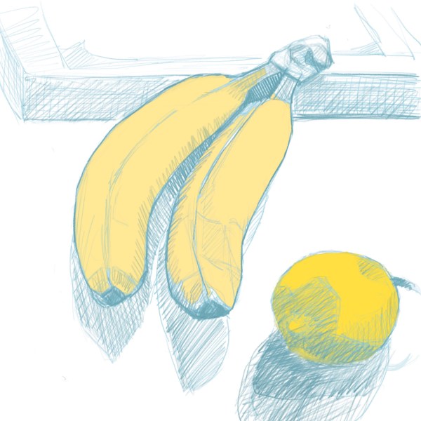 Unfinished sketch of bananas and lemon on the table