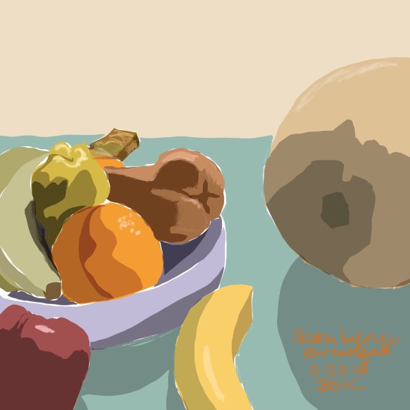 Big cantaloupe and fruit bowl early morning breakfast table sketch in Procreate on the iPad.