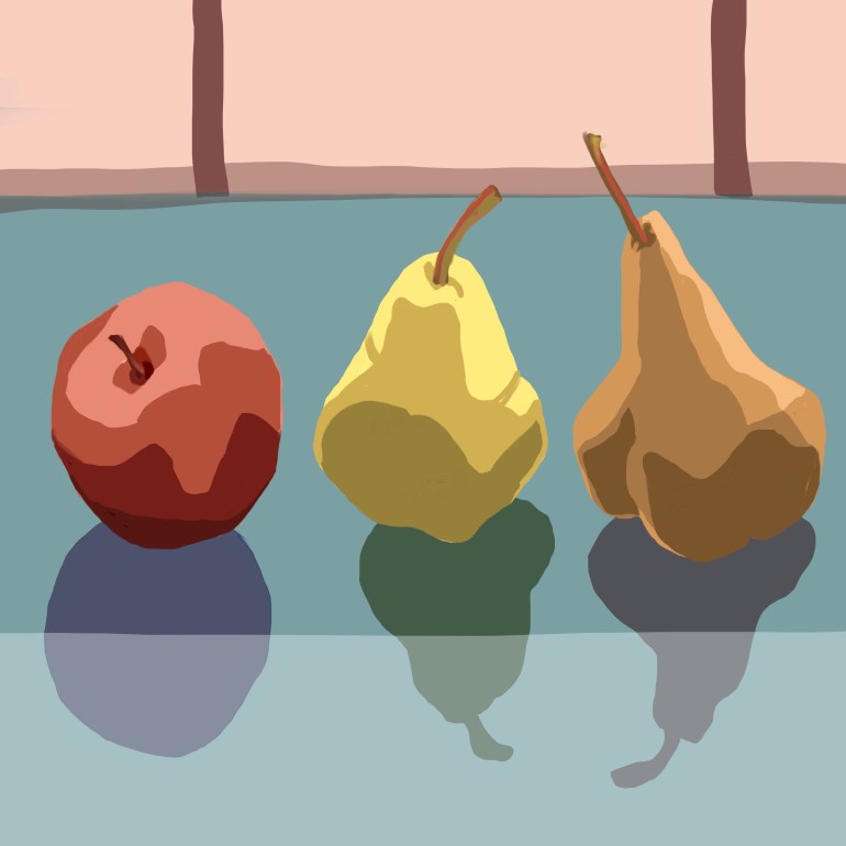 Two pears and an apple on breakfast table; morning sketch in Procreate on the iPad.