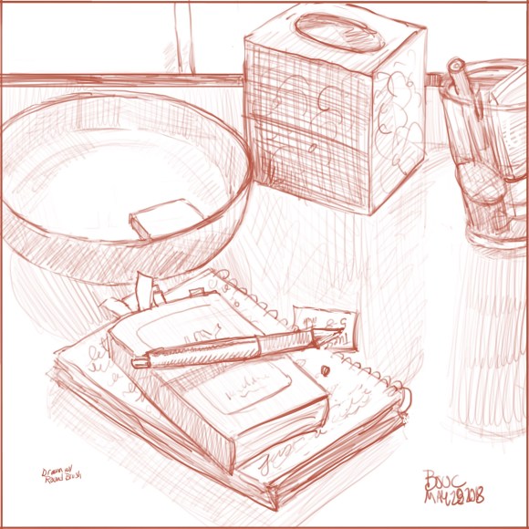 Sketching in sepia "ink" before breakfast or random stuff on the table. Procreate on iPad.