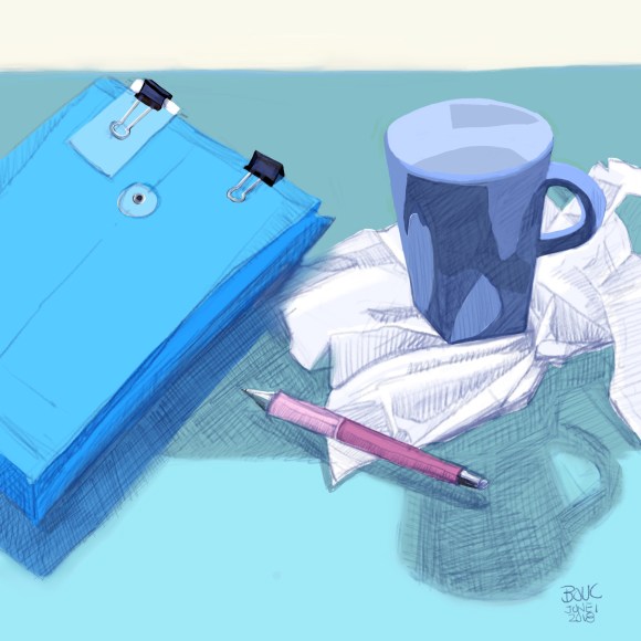 Paperwork for the impending kitchen remodel, coffee, a pen and kleenex, Procreate on the iPad pro.