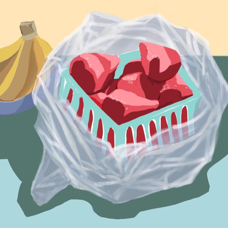 Strawberries in plastic wrap and bananas. Procreate on iPad pro. 