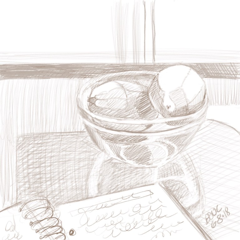 Digital pencil sketch of journal and lemons in a bowl, iPad and procreate