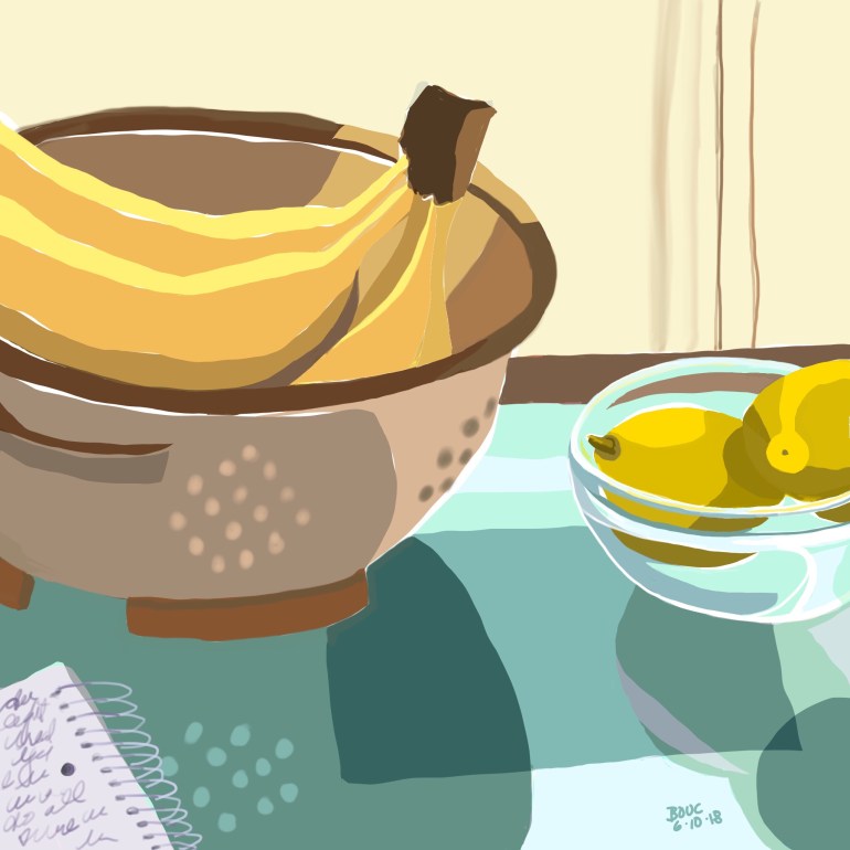 Bananas in a Colander with Lemons and Journal, Procreate and iPad.