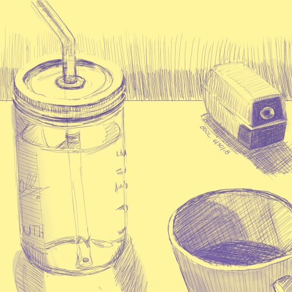 On the drawing table, water bottle, coffee and pencil sharpener. iPad and Procreate.