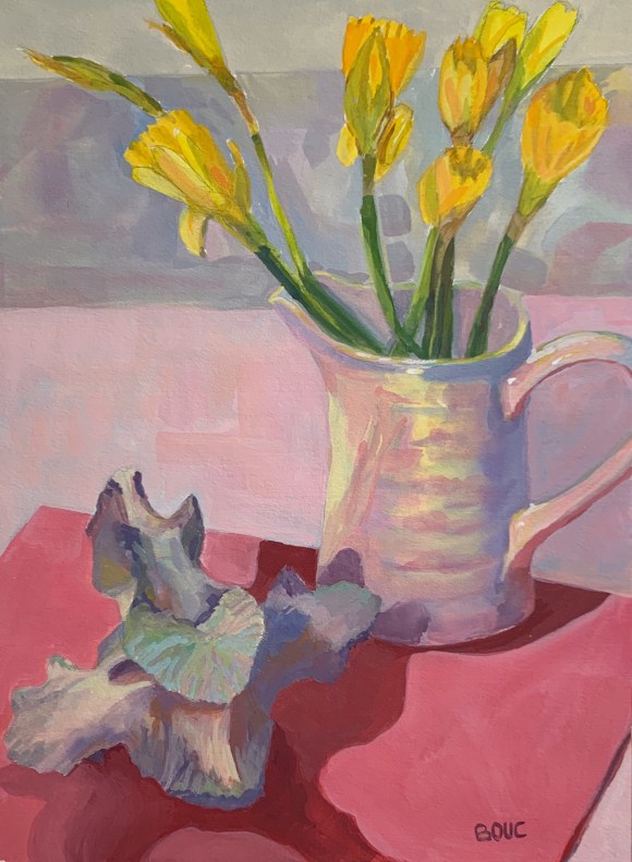 “Animal Bone and Daffodils,” gouache on watercolor paper, 11 x 8.5 inches