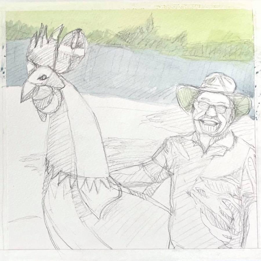 Giant chicken guy sketch with first thinned gouache underpainting