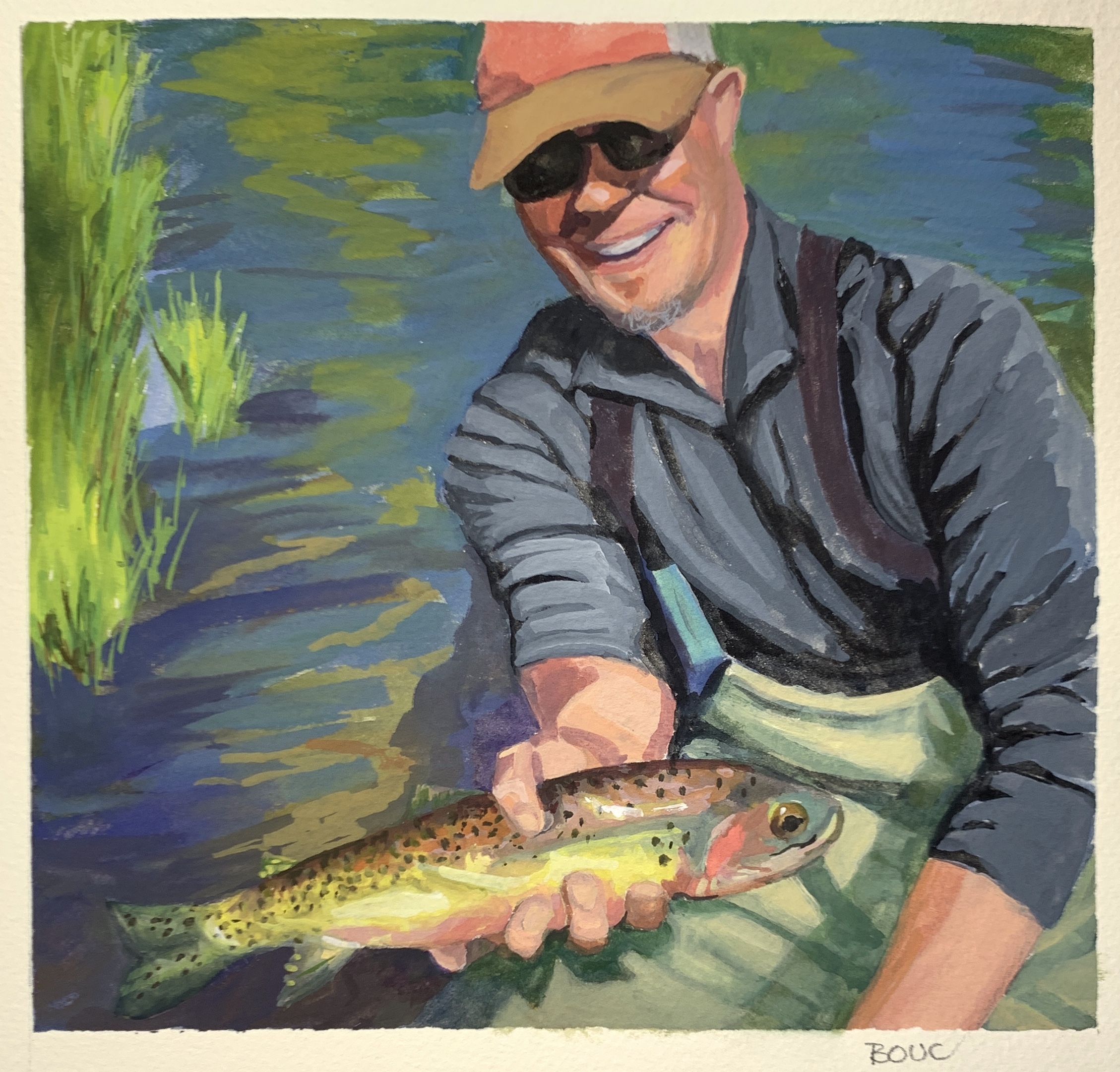 Guy with Big Fish: People Facebook Thinks I Should Know #6” Gouache, 8x8 inches