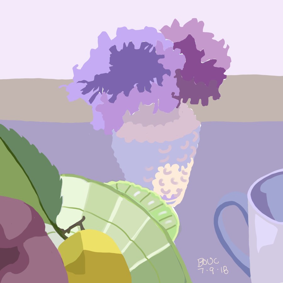 Hydrangeas, lemon and an apple. Digital sketch in Procreate on the iPad. 