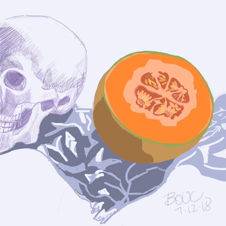 Mortie Skullman with Cantaloupe, Digital sketch in Procreate on iPad.