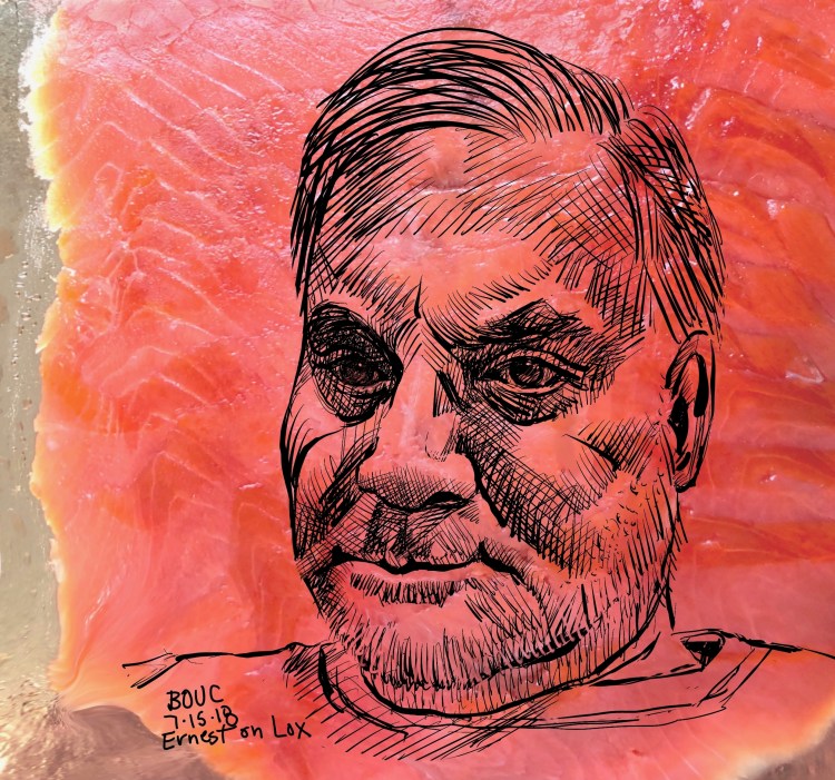 Procreate Sketch of Ernest from Sktchy on photo of lox