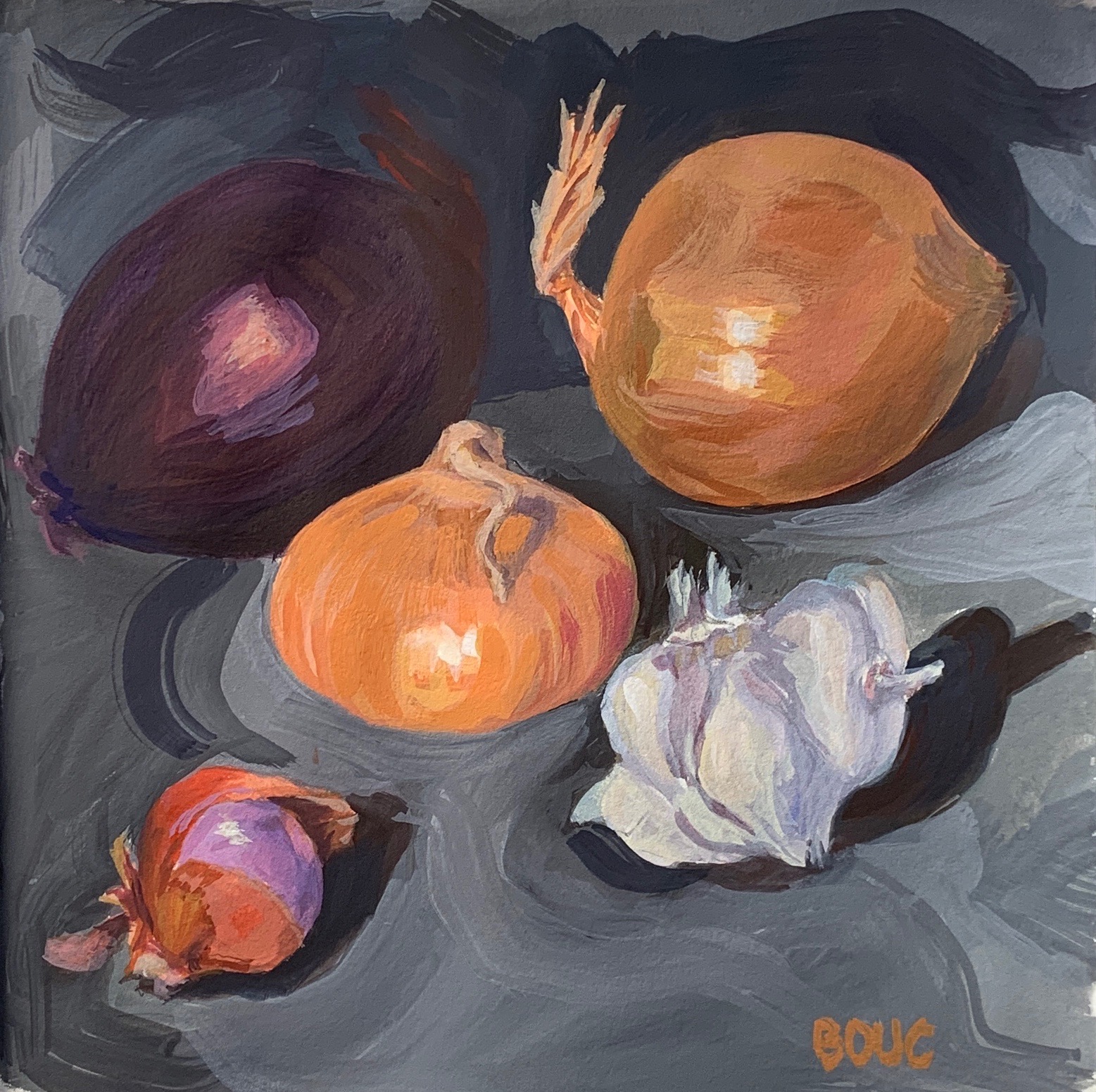 Onions, garlic and shallot. Gouache sketch in Strathmore Mixed Media journal, 8.5 x 8.5 inches