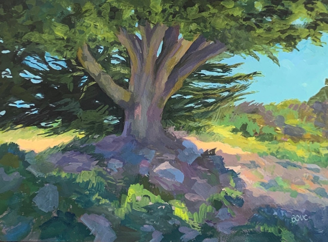 Plein air gouache on watercolor paper after adjusting in studio, 9x12 inches