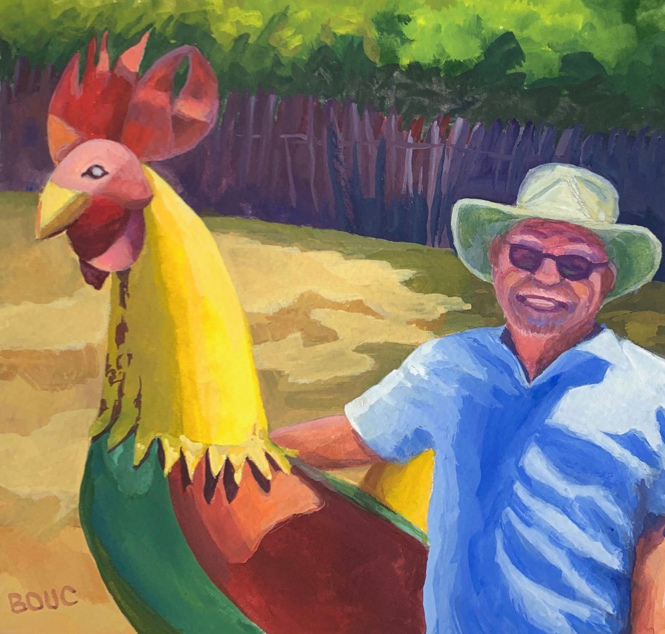 Guy with Giant Chicken: People Who Facebook Says I Should Know #4.” Gouache, 8x8 inches.