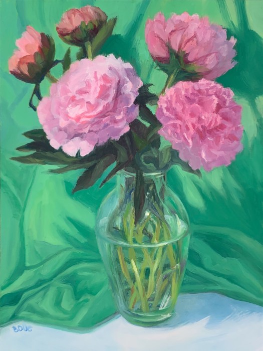 Allergic to Peonies”, oil on Gessobord panel, 12×9 inches