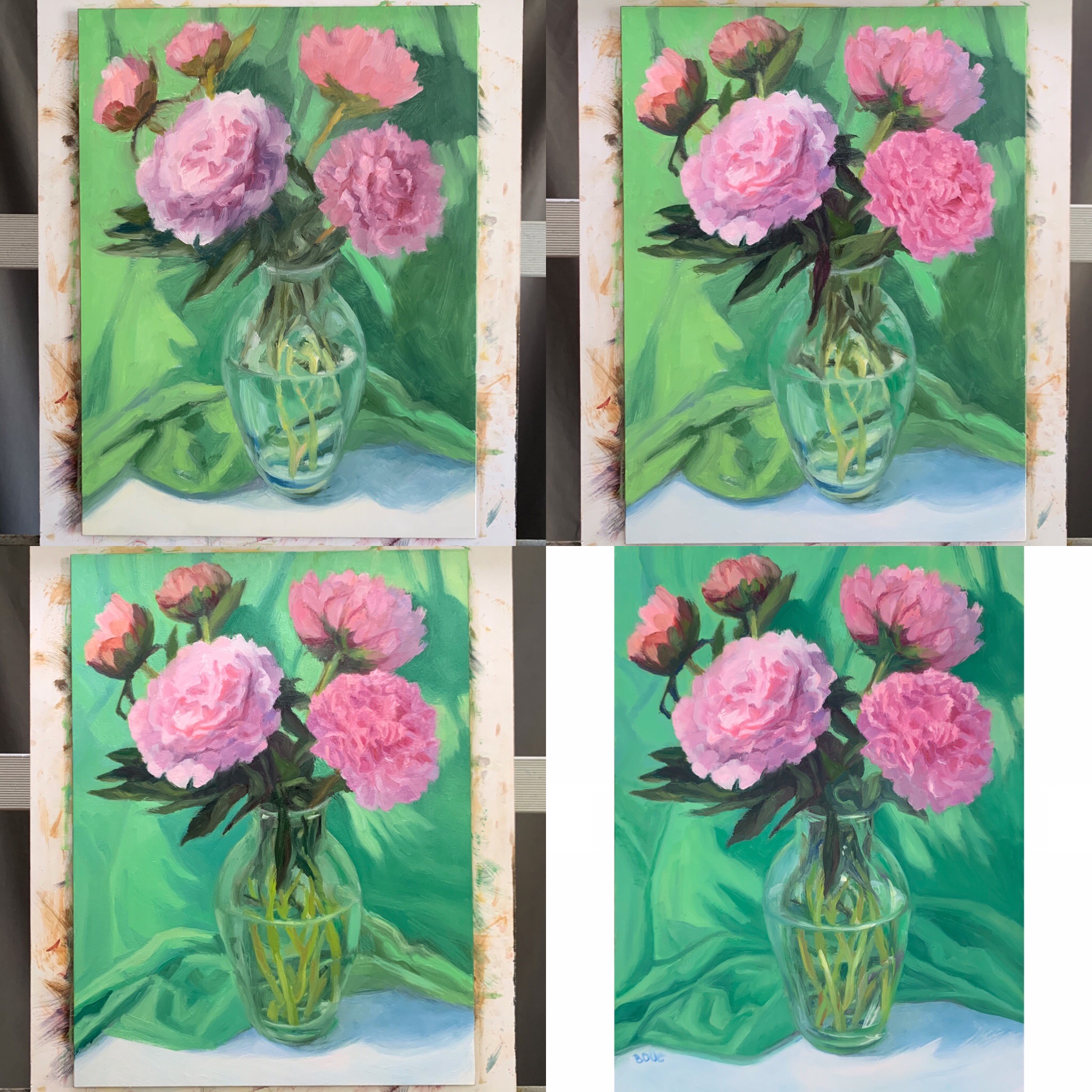 Working on the flowers then the background and the vase to strengthen shapes and values